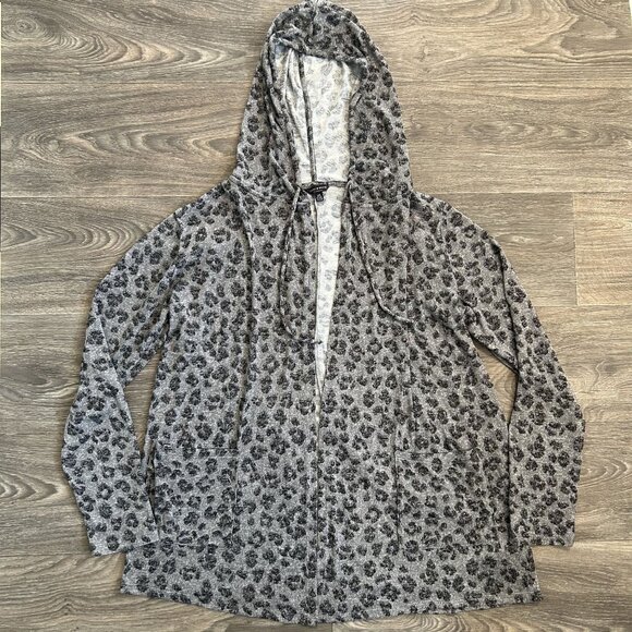 Lucky Brand Cardigan Sweater Size Large Hooded Gray Leopard Print Lightweight - Picture 8 of 14
